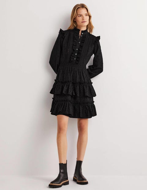 Mixed Broderie Shirt Dress - Black | Boden US