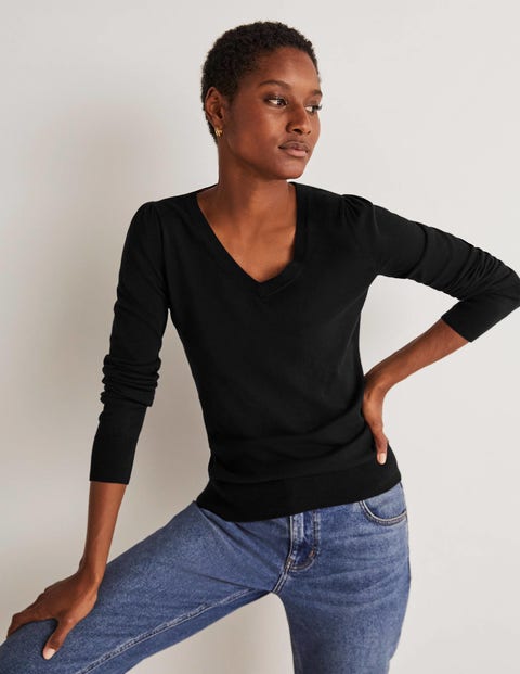 Boden Black Cotton V-Neck Jumper