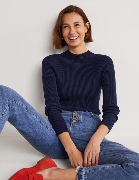 Boden Navy Ribbed High Neck Jumper