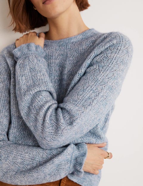 Wool-blend Cable-knit Sweater - Blue melange - Ladies