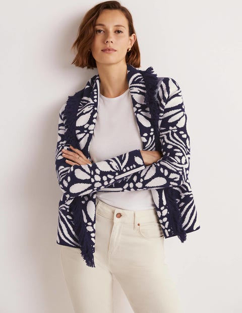 Fringed Jacquard Knit Jacket - Navy, Oriental Diamond | Boden US