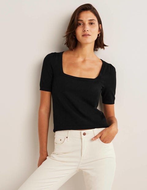 Cotton Square Neck Knitted Top - Black | Boden US
