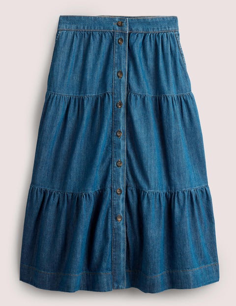 tiered denim midi skirt blue women boden, mid vintage denim