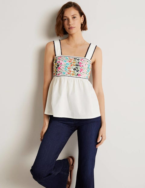Marina Strappy Embroidered Top - Ivory Embroidery
