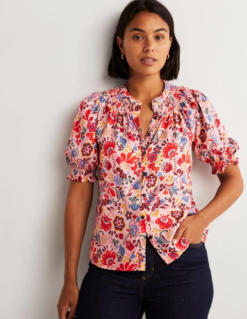 Smocked Silk Blouse - Milkshake, Pretty Paradise | Boden US