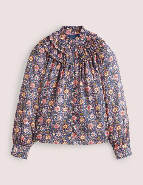 Womens Boden Blue Frilled High Neck Shirt - Blue