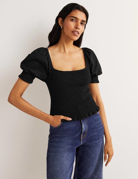 Square Neck Smocked Jersey Top - Black | Boden US