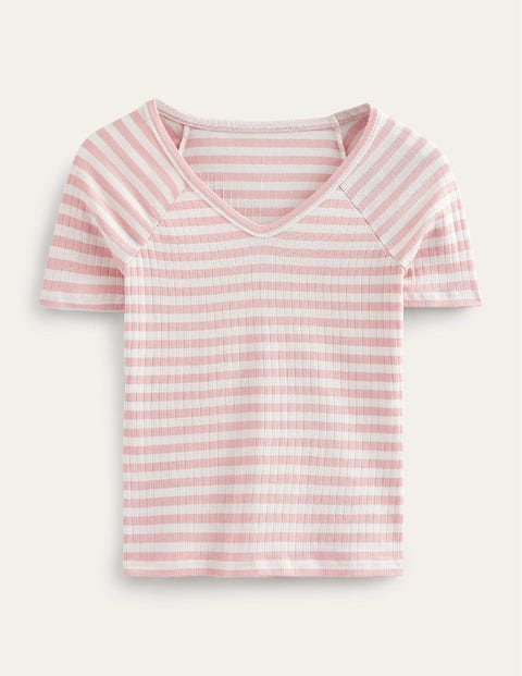 Boden Anna Rib V-neck T-shirt Ivory, Peach Skin Stripe Women
