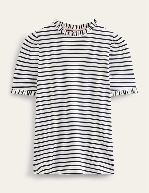 Boden Supersoft Frill Detail T-shirt Ivory, Navy Women