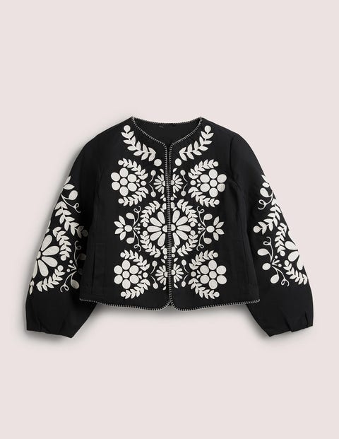 Embroidered Cropped Jacket - Black with Taupe | Boden US