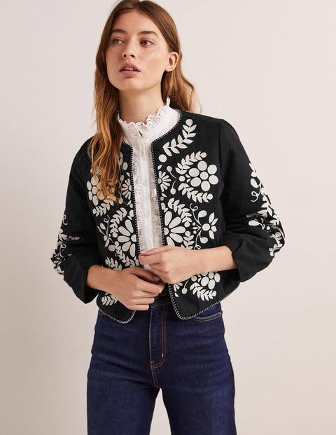 Embroidered Cropped Jacket - Black with Taupe | Boden US