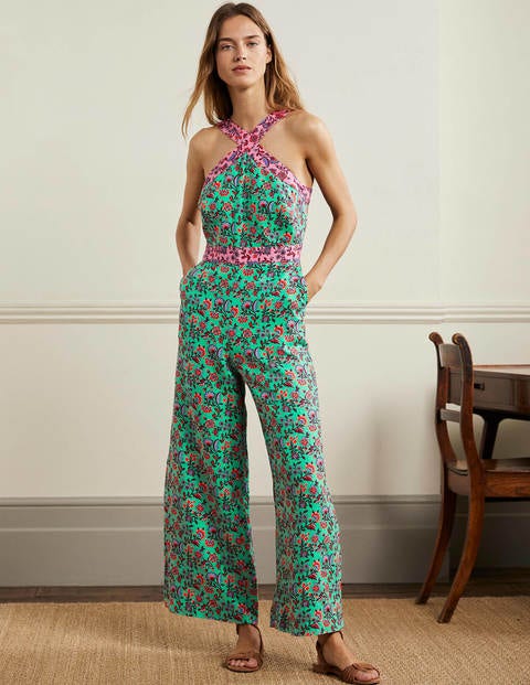 Cross Over Linen Jumpsuit - Green Lagoon, Oriental Meadow | Boden UK