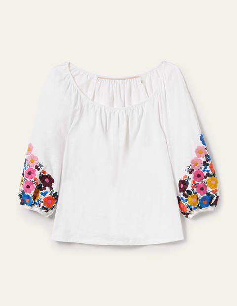 Hayden Embroidered Jersey Top - White, Multi Floral Embroidery