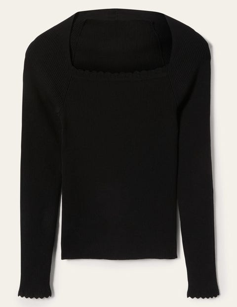 Ribbed Square Neck Knitted Top - Black