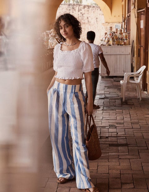 Wide Leg Linen Pants - Bluebell and Ivory Stripe