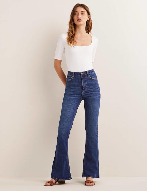 Express, High Waisted Perfect Button Front Flare Jeans in Dark Wash