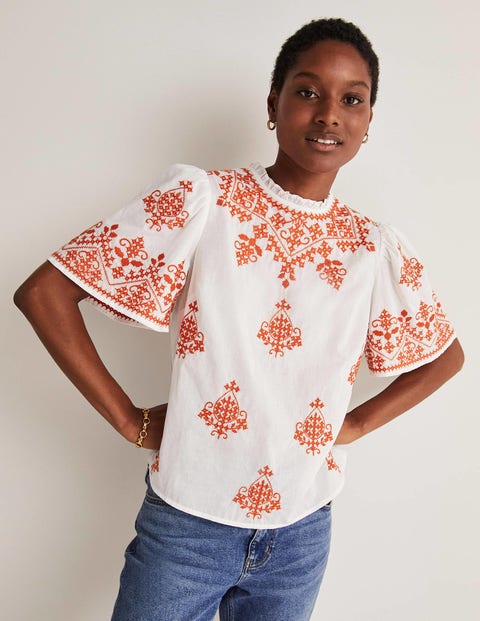 Flutter Sleeve Embroidered Top - Ivory, Firecracker Embroidery