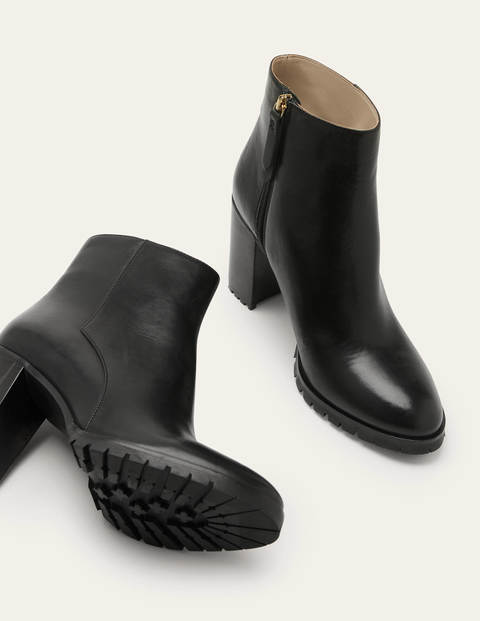 Heeled Leather Ankle Boots - Black