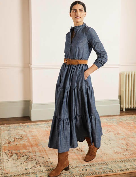 A Line Long Sleeve Denim Maxi Dress and Pocket | Turn Her Style, LLC
