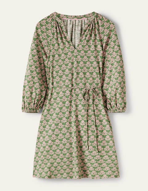 Notch Neck Jersey Mini Dress - English Ivy, Leaf Geo | Boden US