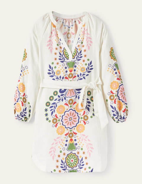 Notch Neck Linen Mini Dress - Ivory, Opulent Garden Dress | Boden US