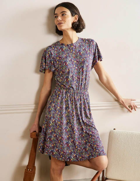 Flutter Sleeve Jersey Dress - Navy Paisley Blush | Boden UK