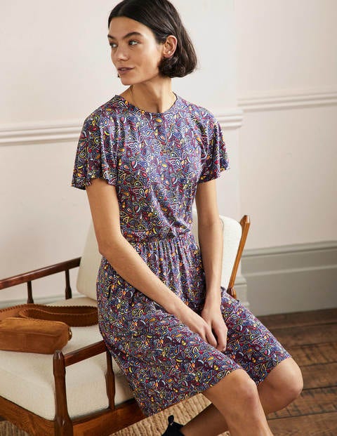 Flutter Sleeve Jersey Dress - Navy Paisley Blush