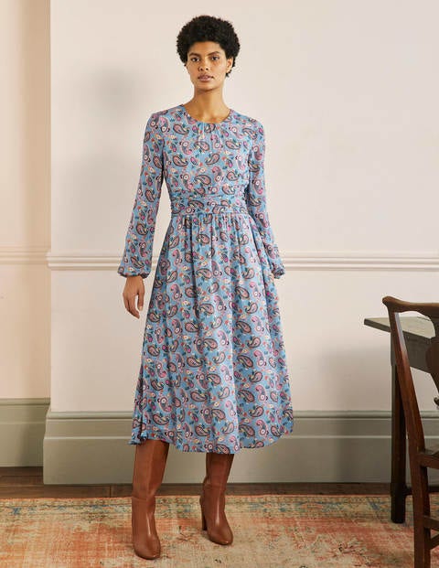 Ruched Waist Midi Dress - Dusty Blue, Paisley Bloom