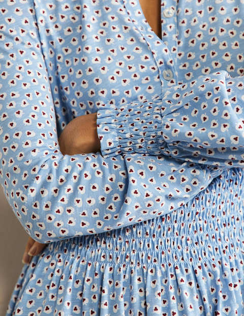 Smocked Jersey Shirt Dress - Dusty Blue, Cordate Leaf | Boden UK