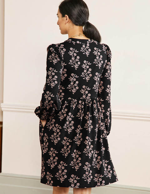 Button Through Jersey Dress - Black, Leafy Cluster | Boden UK