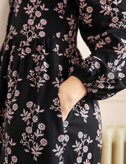 Button Through Jersey Dress - Black, Leafy Cluster | Boden UK
