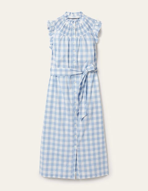Jane Smocked Midi Shirt Dress - Dusty Blue Gingham | Boden US