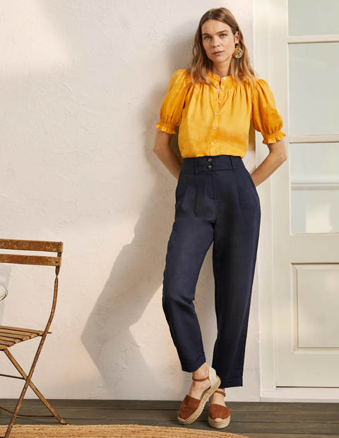Pleated Turn Up Linen Pants - Navy | Boden US