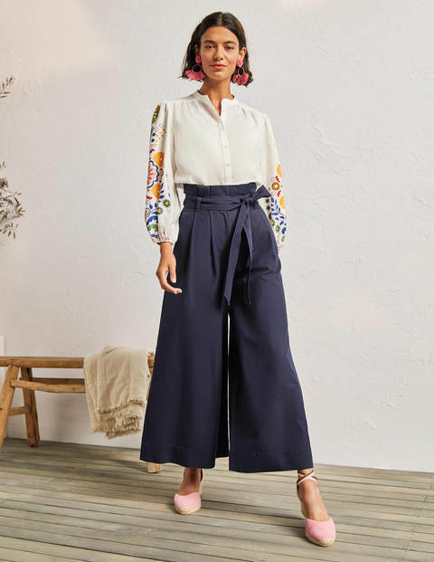 Linen Blend Wide Leg Culottes - Navy