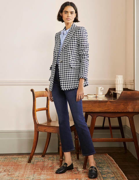 Hever Cotton Twill Blazer - French Navy Gingham | Boden US