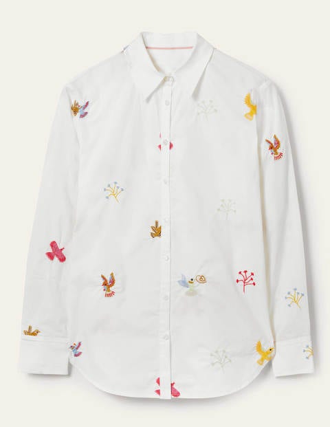 Relaxed Cotton Shirt - White, Bird Embroidered | Boden UK