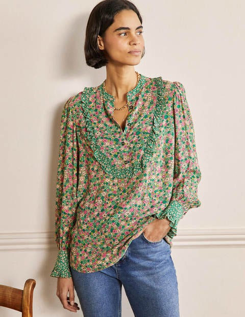 Frilly Printed Popover Blouse - Highland Green, Floret Cluster