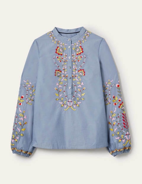Embroidered Popover Blouse - Chambray | Boden US