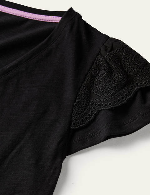 Baumwoll-T-Shirt mit V-Ausschnitt und Lockstickerei Damen Boden, BLK