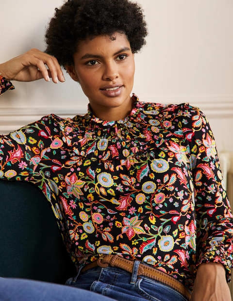 Smocked Neck Jersey Top - Black 