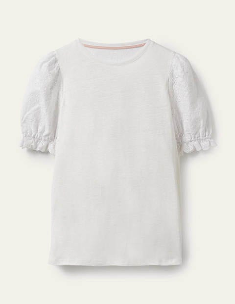 Broderie Sleeve Linen T-Shirt - White | Boden UK