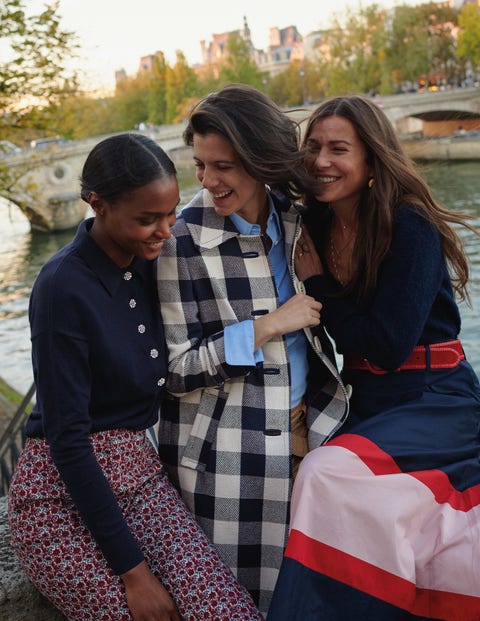 Boden Women's Ivory/Navy Gingham Bonnie Gingham Buttoned Coat