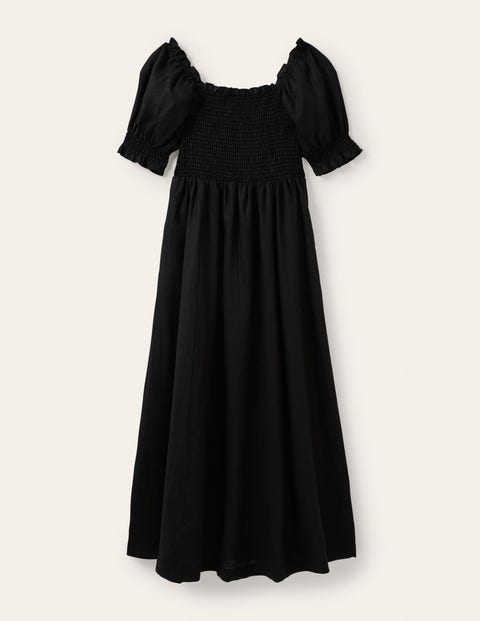 Smocked Bodice Midi Dress - Black