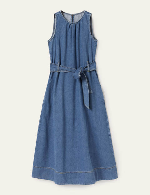 Sleeveless Belted Midi Dress - Mid Vintage Denim | Boden US