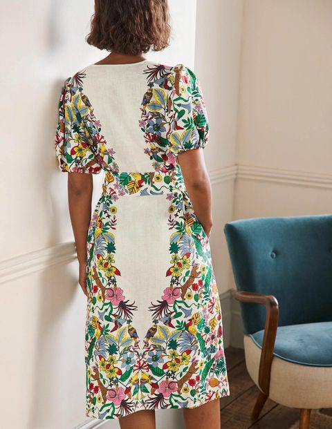 Puff Sleeve Linen Midi Dress Ivory Exotic Paradise Boden UK