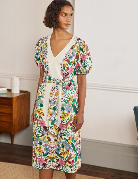 Puff Sleeve Linen Midi Dress - Ivory, Exotic Paradise | Boden EU