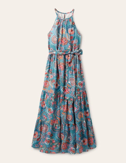 Halterneck Tiered Maxi Dress - Larkspur, Decorative Meadow | Boden UK