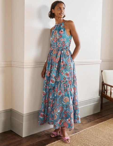 Halterneck Tiered Maxi Dress - Larkspur, Decorative Meadow | Boden US