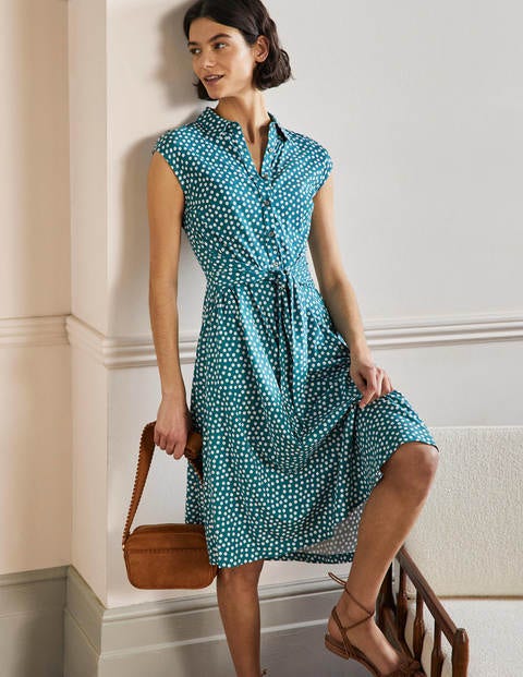 Tie Waist Jersey Shirt Dress - Colonial Blue, Scattered Dot