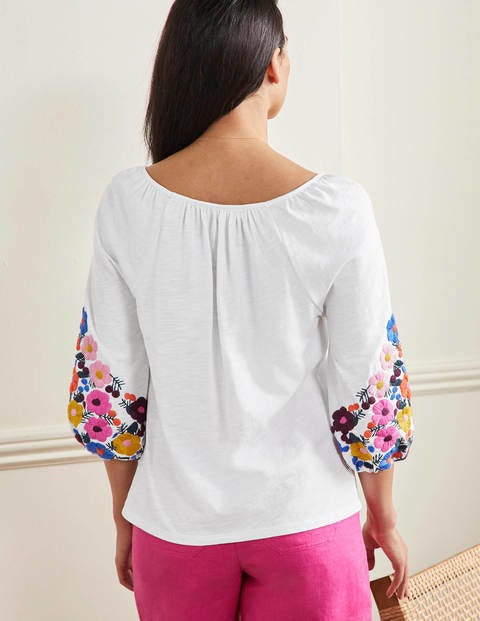 Hayden Embroidered Jersey Top - White, Multi Floral Embroidery | Boden US
